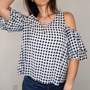 SO Navy & White Checkered Cold Shoulder Layered Sleeve Blouse Size Medium